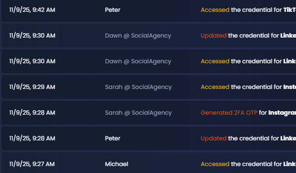 Clients see which agency users accessed credentials (with IP), while agencies see when the client updated credentials but with identities obscured. Clients see which agency users accessed credentials (with IP), while agencies see when the client updated credentials but with identities obscured.